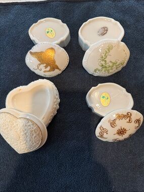 Vintage White Porcelain Trinket Boxes with Gold and Green Accents